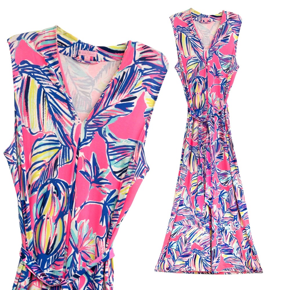 Lilly Pulitzer Maxi Dress XL Pink Tropical Palms Bright Boho Cruise Sun Dress
